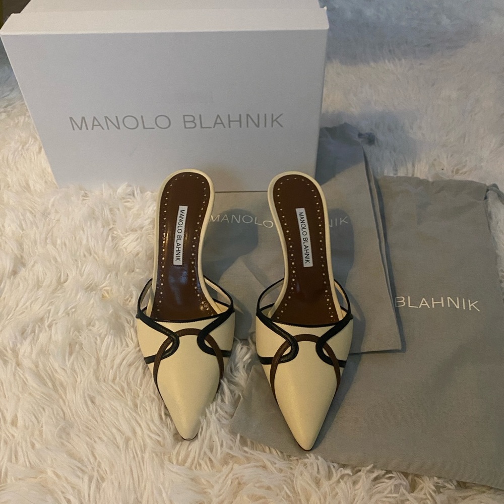 Manolo Blahnik Two-Tone Cream and Black Mules